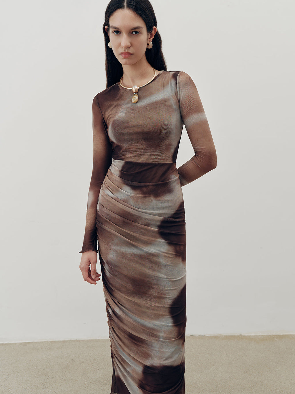 Ruched Tie-Dye Maxi Dress in Mesh Fabric