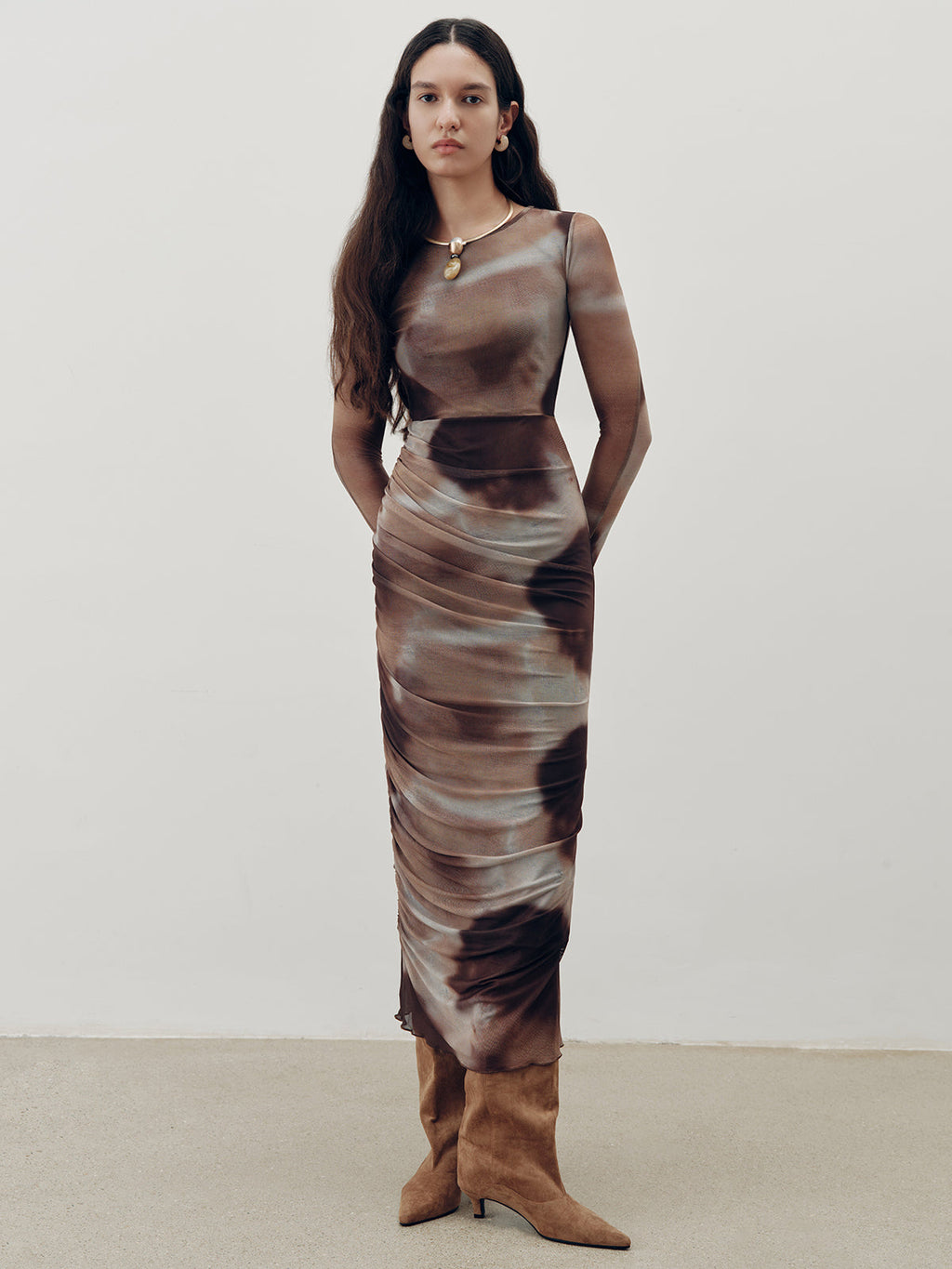 Ruched Tie-Dye Maxi Dress in Mesh Fabric
