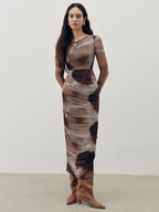 Ruched Tie-Dye Maxi Dress in Mesh Fabric