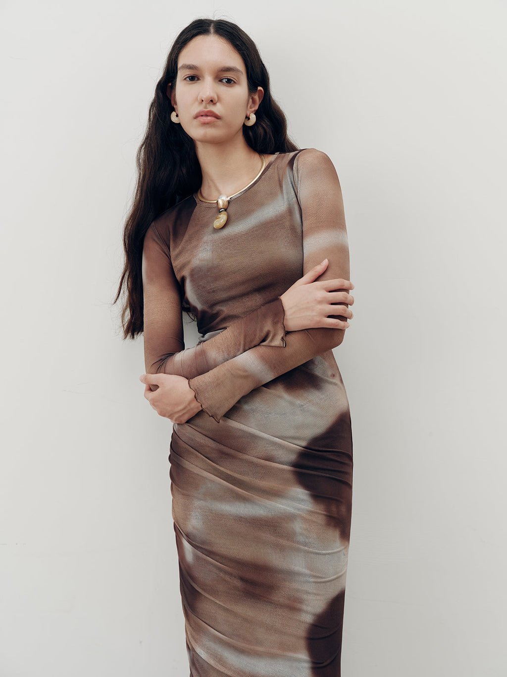 Ruched Tie-Dye Maxi Dress in Mesh Fabric