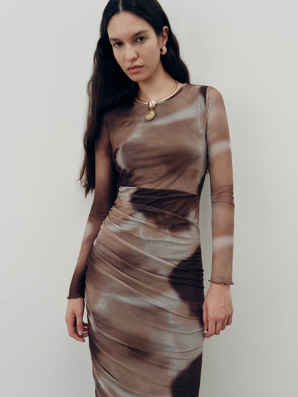 Ruched Tie-Dye Maxi Dress in Mesh Fabric