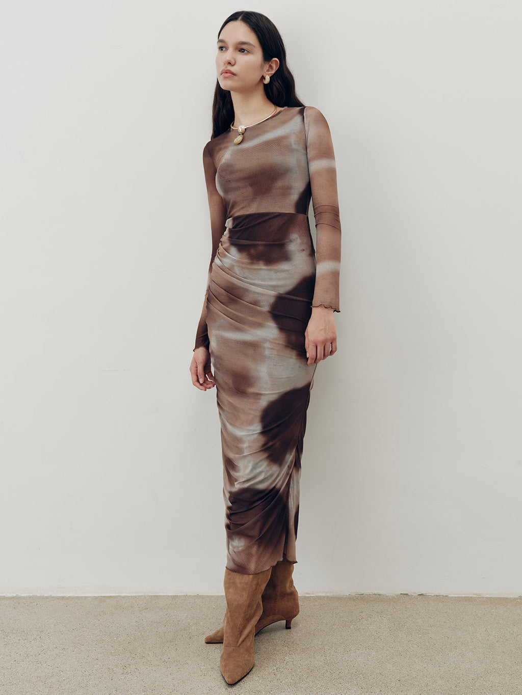 Ruched Tie-Dye Maxi Dress in Mesh Fabric