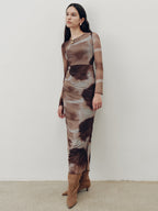 Ruched Tie-Dye Maxi Dress in Mesh Fabric