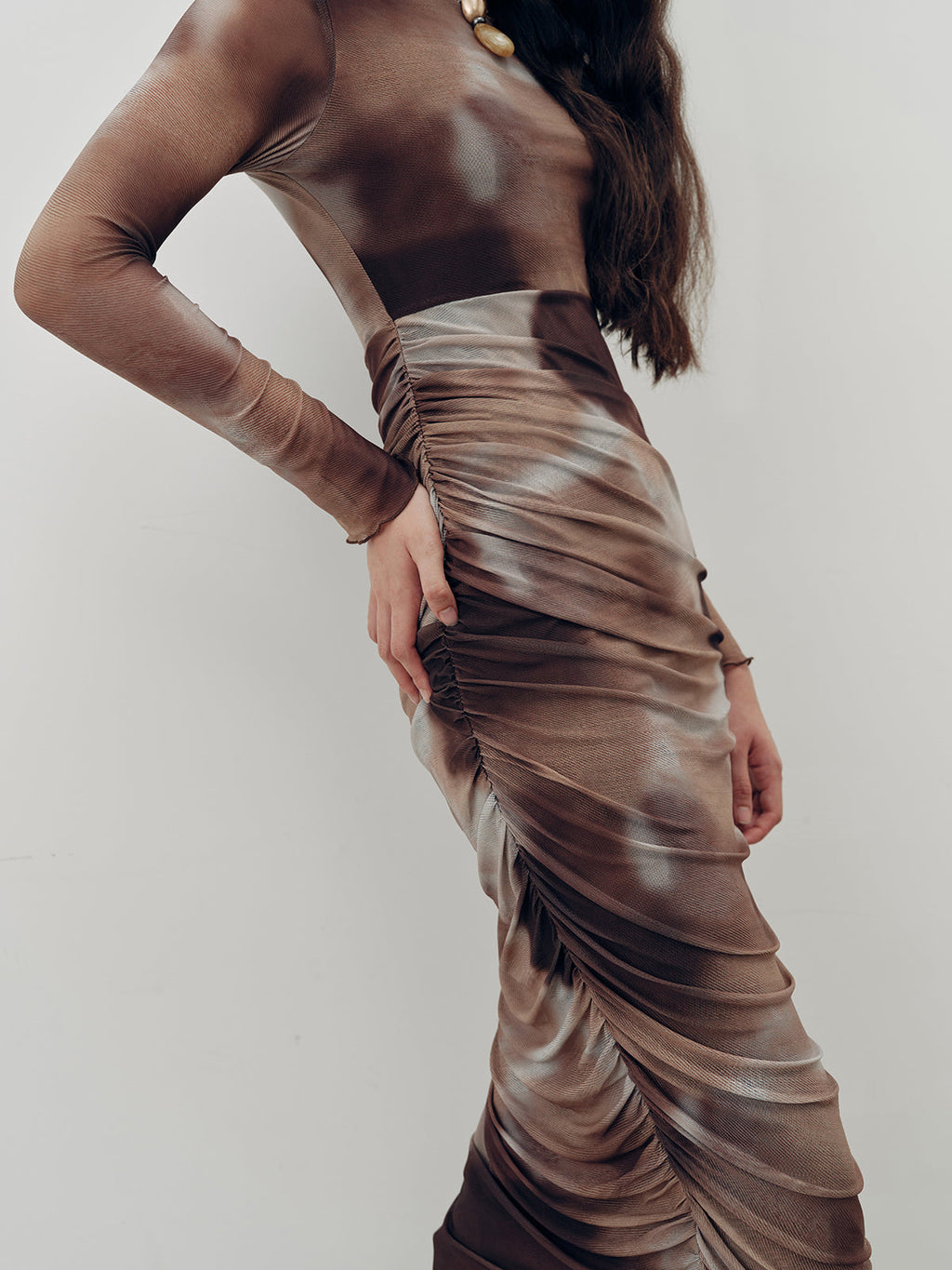 Ruched Tie-Dye Maxi Dress in Mesh Fabric