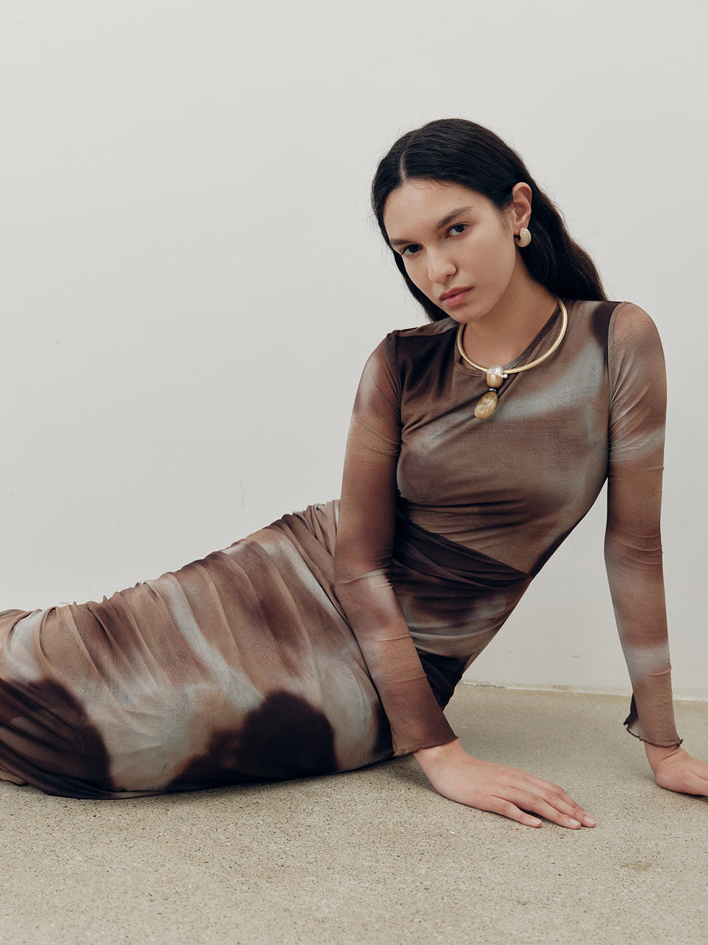 Ruched Tie-Dye Maxi Dress in Mesh Fabric