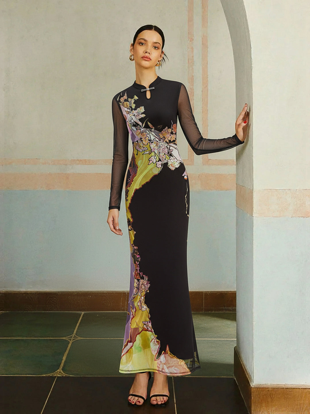 Long Sleeve Mesh Maxi Dress with Floral Design