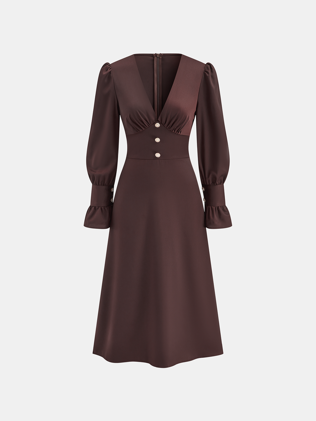 Chic V-Neck Dress with Puff Sleeves and Buttons