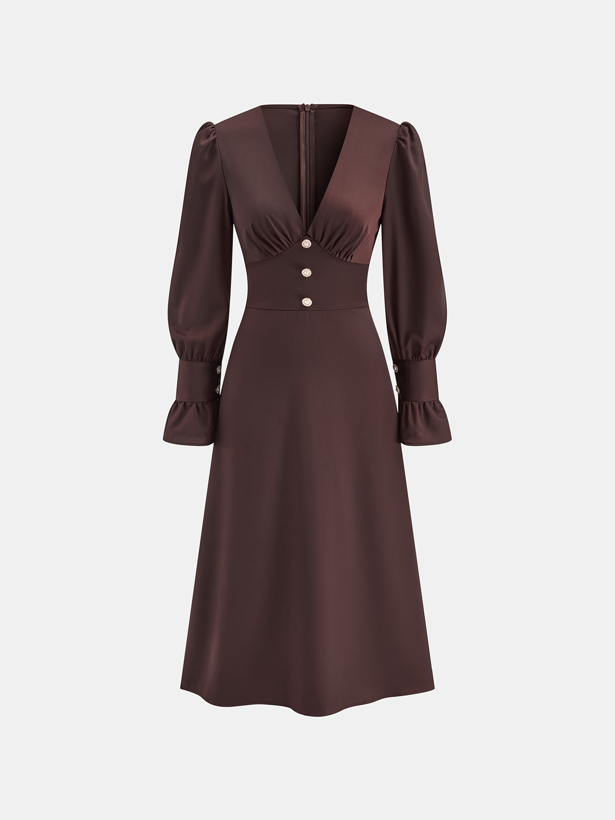 Chic V-Neck Dress with Puff Sleeves and Buttons