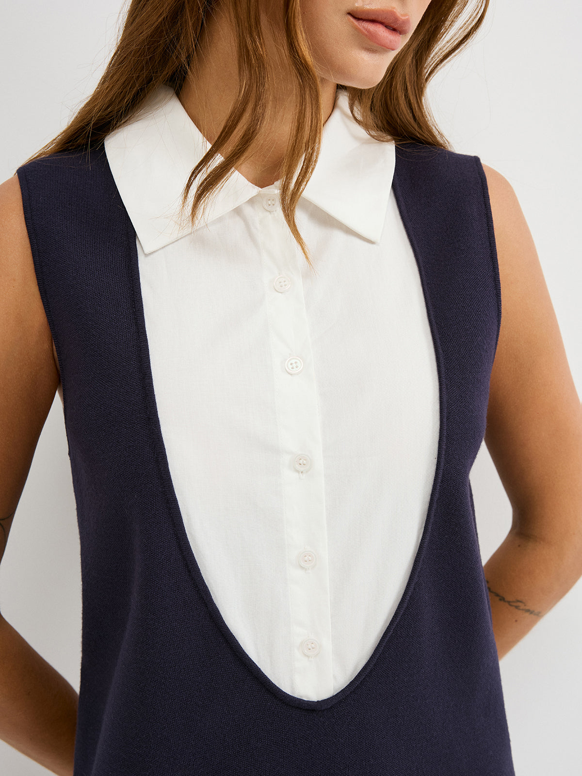 Contrast Panel Sleeveless Mini Dress with Shirt Detail