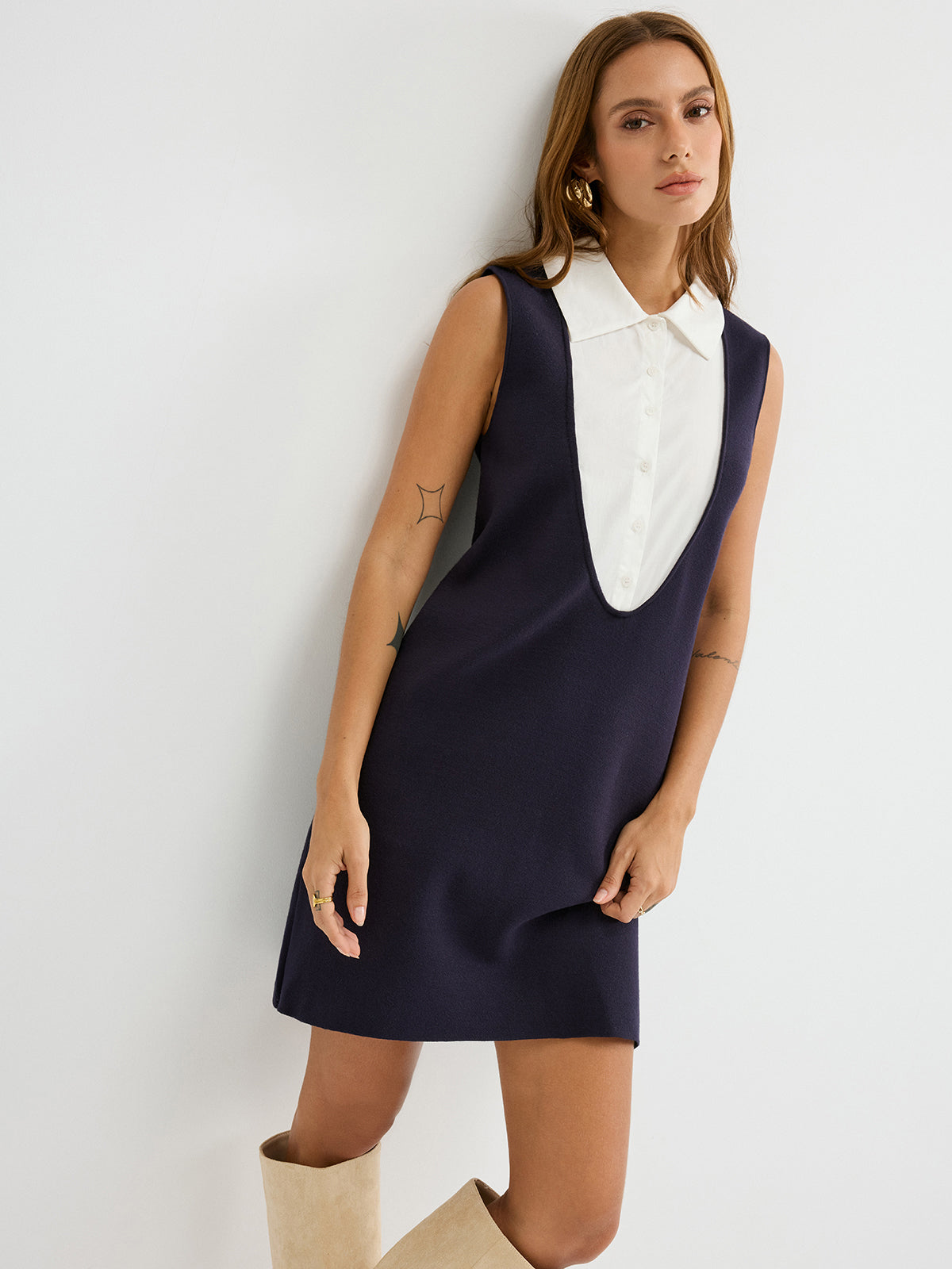Contrast Panel Sleeveless Mini Dress with Shirt Detail