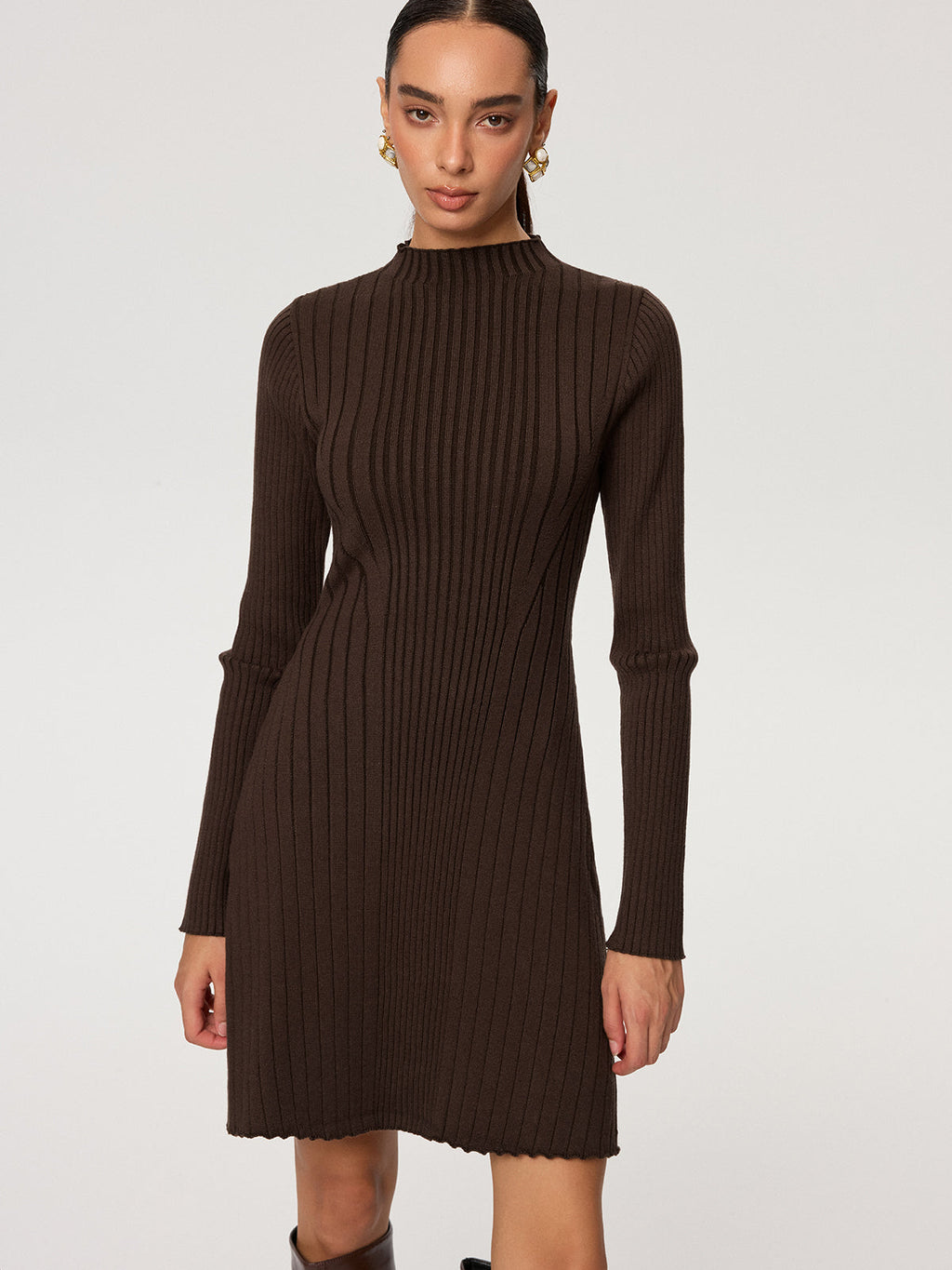 Ribbed Mock Neck Sweater Dress with Long Sleeves