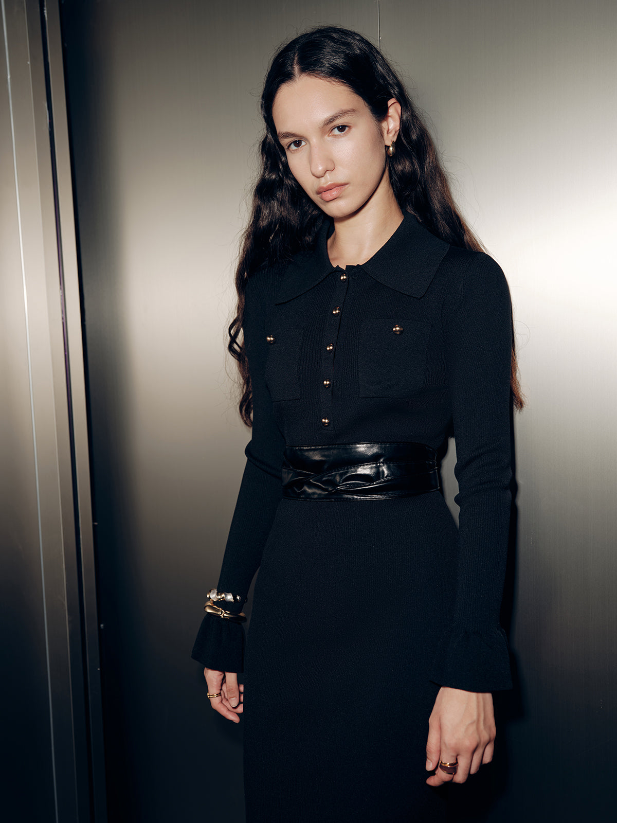 Long-Sleeve Maxi Dress with Collar