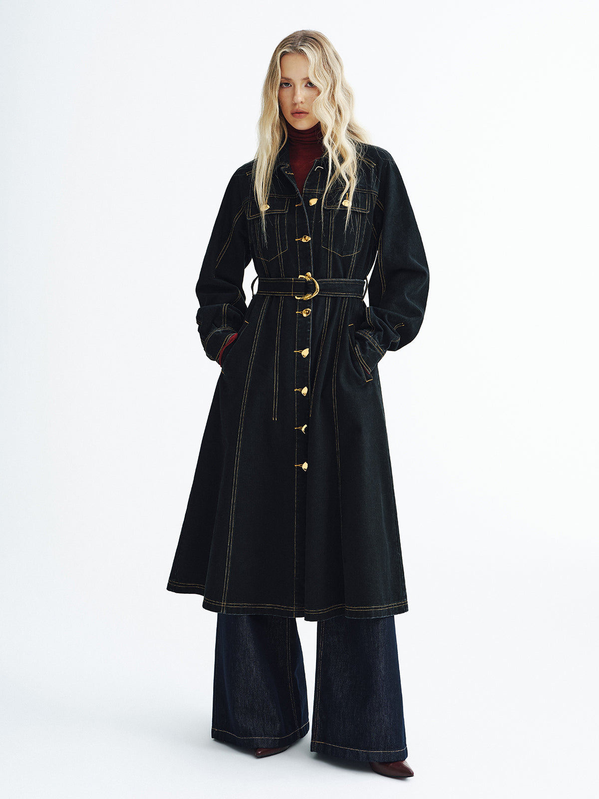 Stylish Denim Maxi Dress with Metal Buttons and Belt