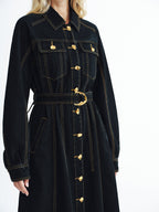Stylish Denim Maxi Dress with Metal Buttons and Belt