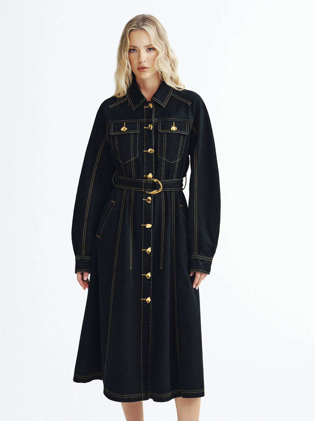 Stylish Denim Maxi Dress with Metal Buttons and Belt