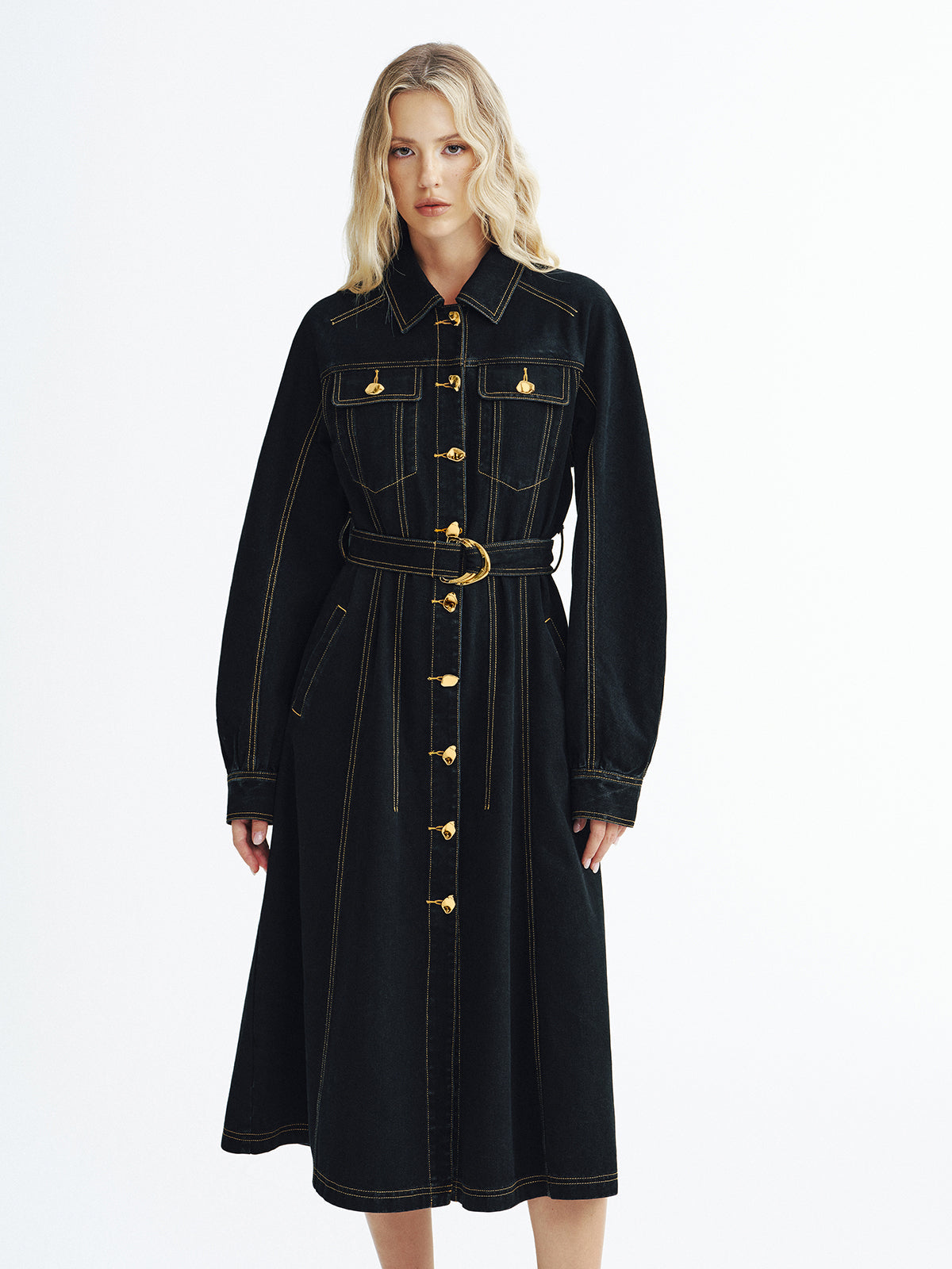 Stylish Denim Maxi Dress with Metal Buttons and Belt