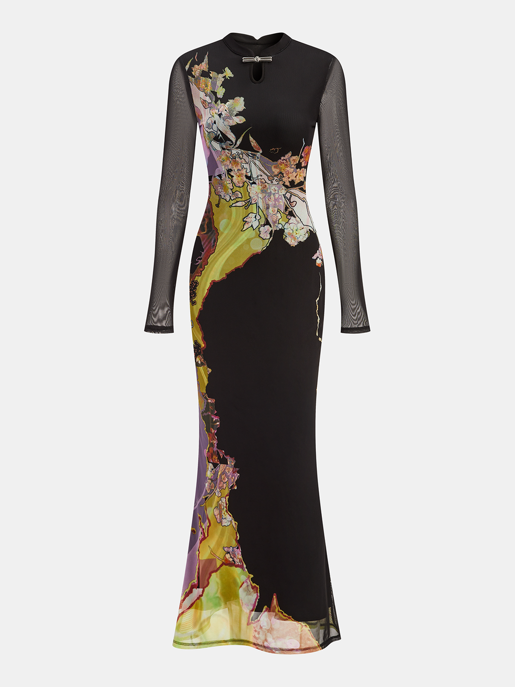 Long Sleeve Mesh Maxi Dress with Floral Print