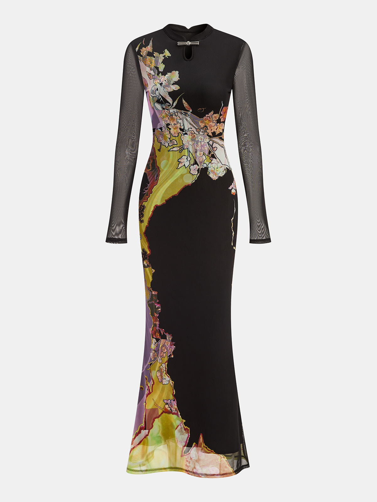 Long Sleeve Mesh Maxi Dress with Floral Print