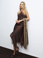 Satin Midi Dress with Lace Trim and Asymmetric Back