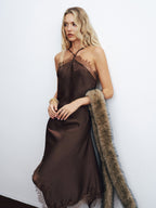 Satin Midi Dress with Lace Trim and Asymmetric Back