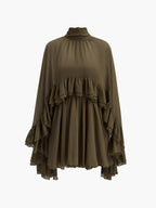 Chiffon Dress with Ruffle Detail and Cape Overlay