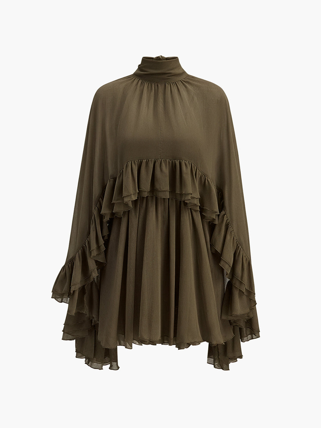 Chiffon Dress with Sheer Ruffles and Attached Cape