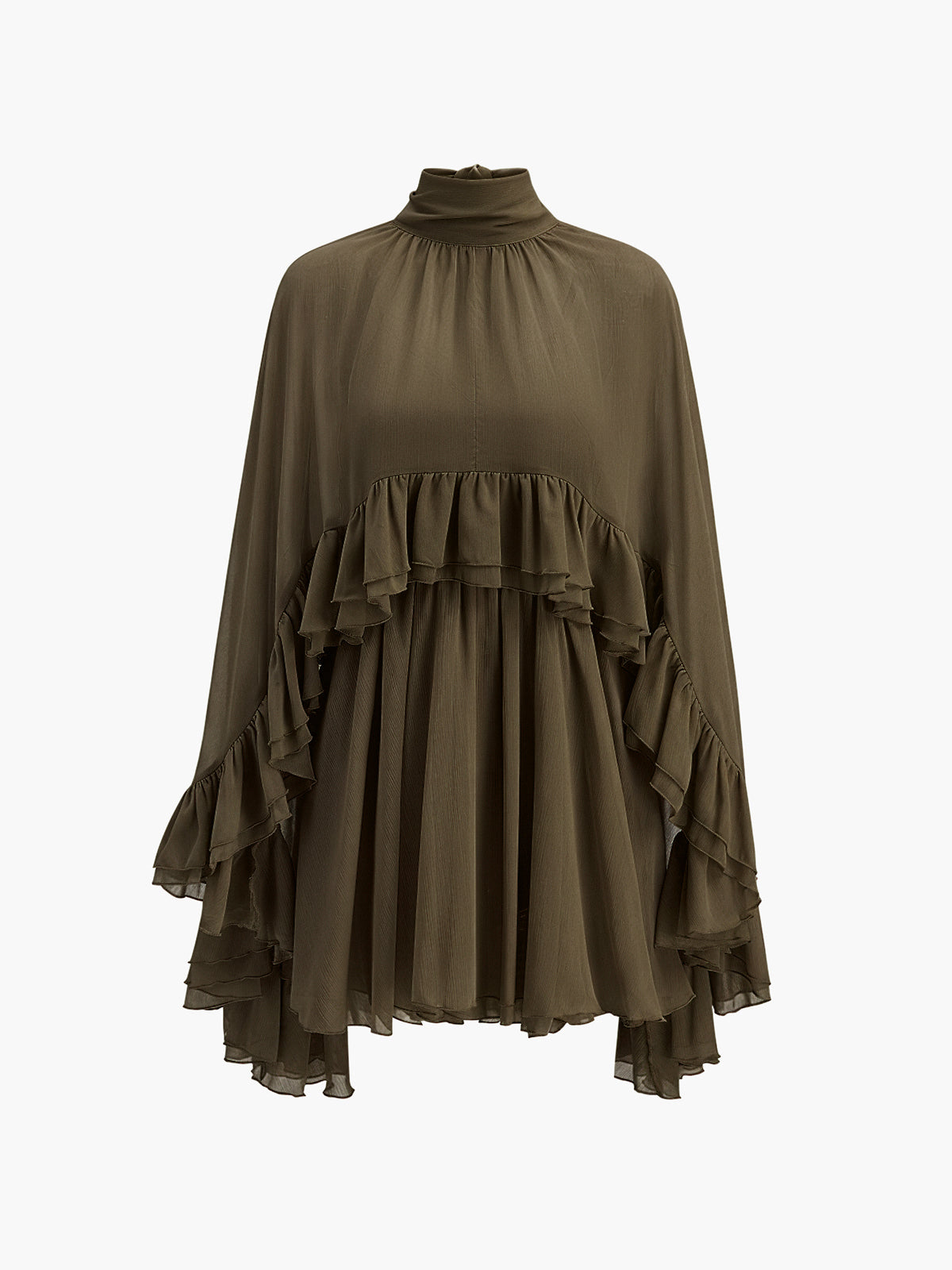 Semi-Sheer Chiffon Dress with Ruffle and Cape