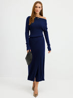 Ribbed Wool Blend Maxi Dress with Off-Shoulder Design