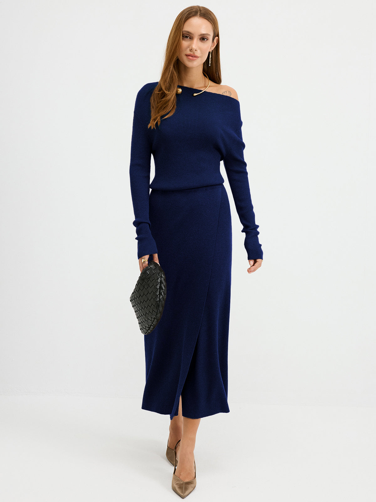 Ribbed Wool Blend Maxi Dress with Off-Shoulder Design