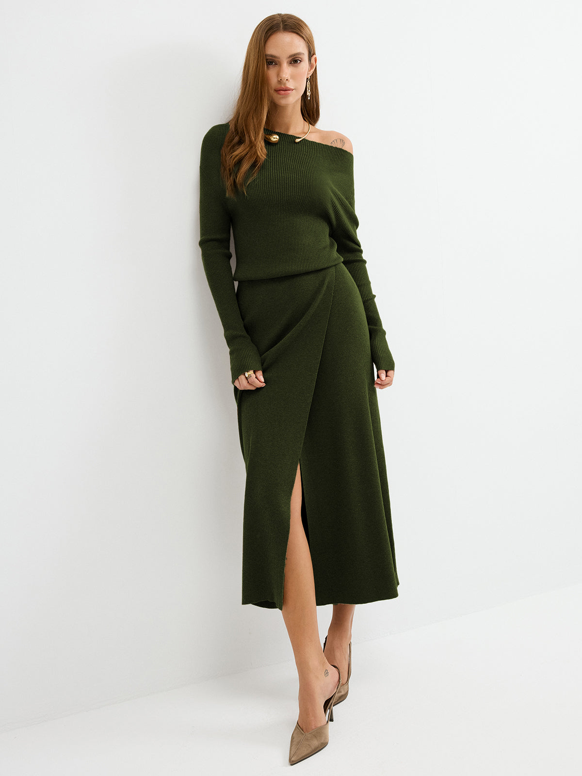 Ribbed Wool Blend Maxi Dress with Off-Shoulder Design