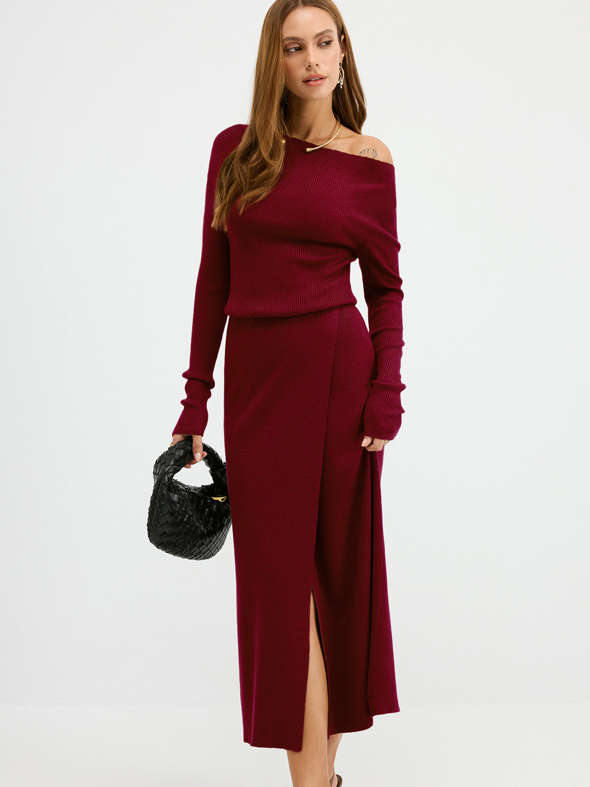 Ribbed Wool Blend Maxi Dress with Off-Shoulder Design