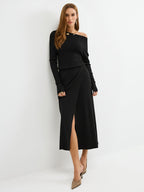 Ribbed Wool Blend Maxi Dress with Off-Shoulder Design