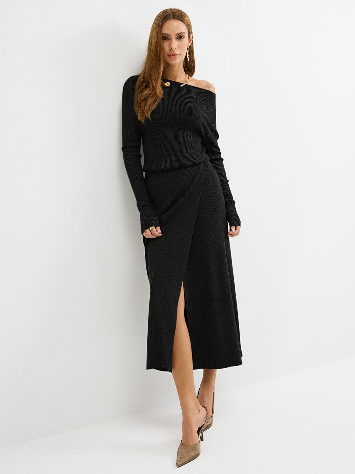 Ribbed Wool Blend Maxi Dress with Off-Shoulder Design