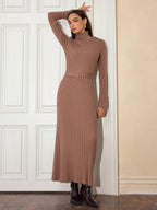 Belted Turtleneck Maxi Dress with Flared Cuffs