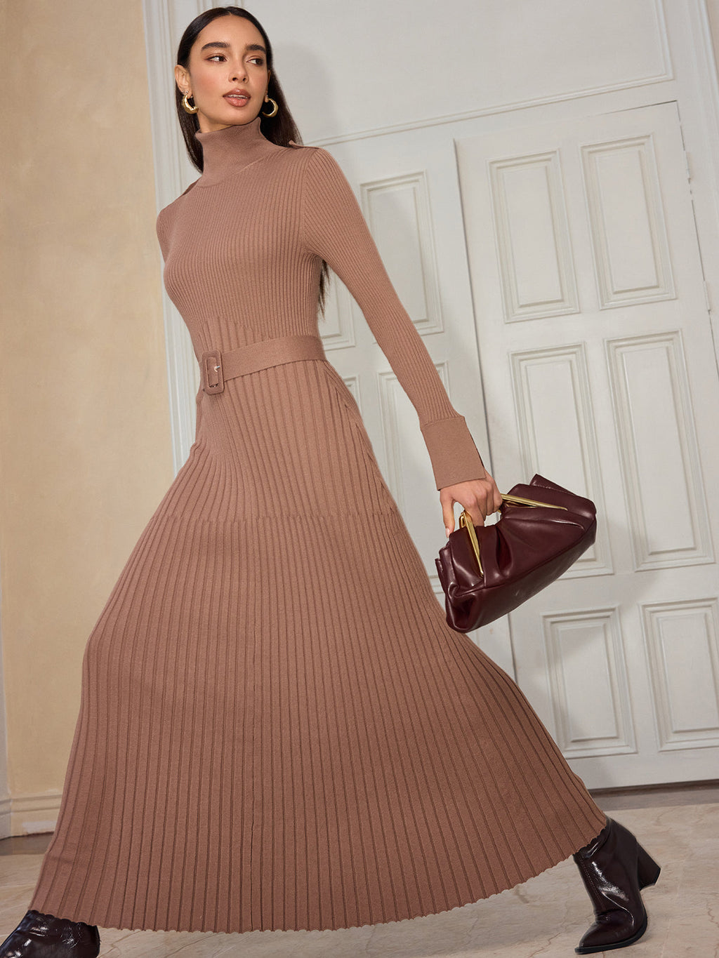Belted Turtleneck Maxi Dress with Flared Cuffs