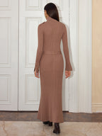 Belted Turtleneck Maxi Dress with Flared Cuffs