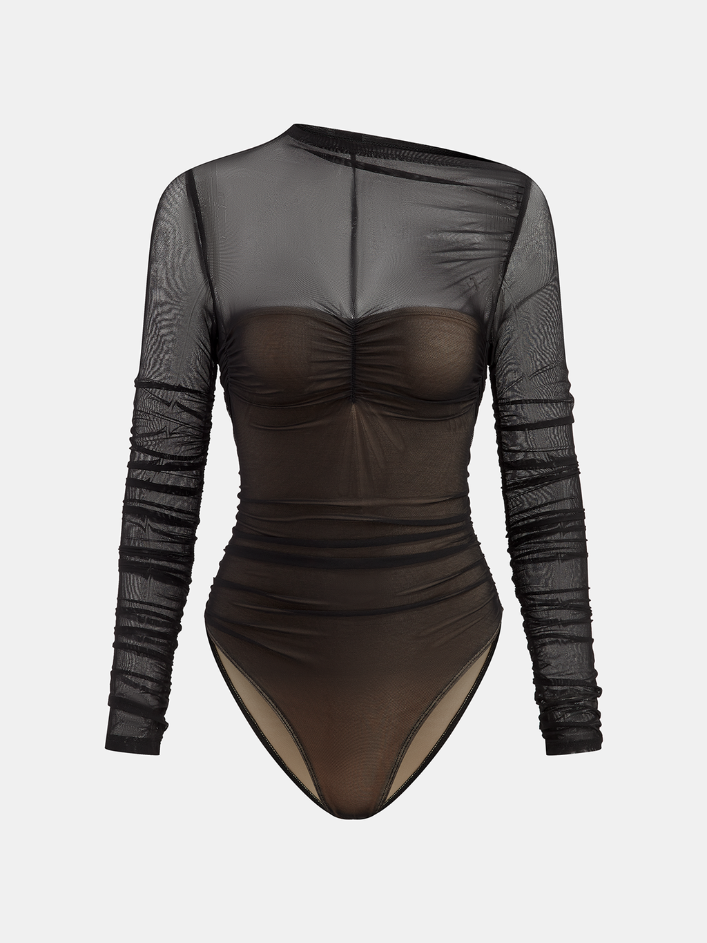 Sheer Long Sleeve Bodysuit with Ruched Mesh Detail