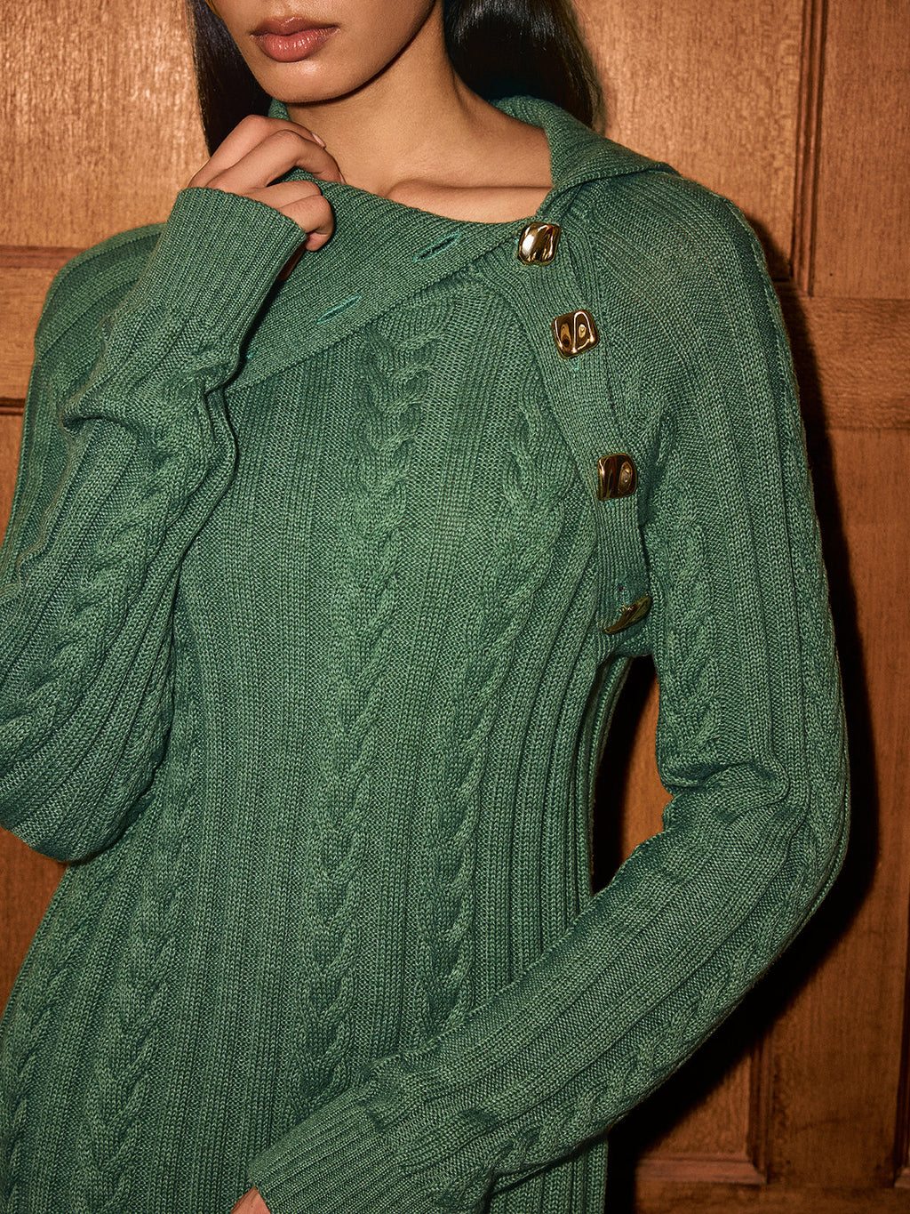 Asymmetric Collar Sweater Dress with Cable Knit Detail