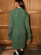 Asymmetric Collar Sweater Dress with Cable Knit Detail