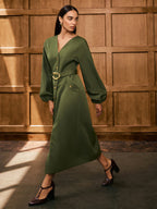 V-Neck Balloon Sleeve Dress with Belt and Buttons