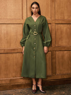 V-Neck Balloon Sleeve Dress with Belt and Buttons