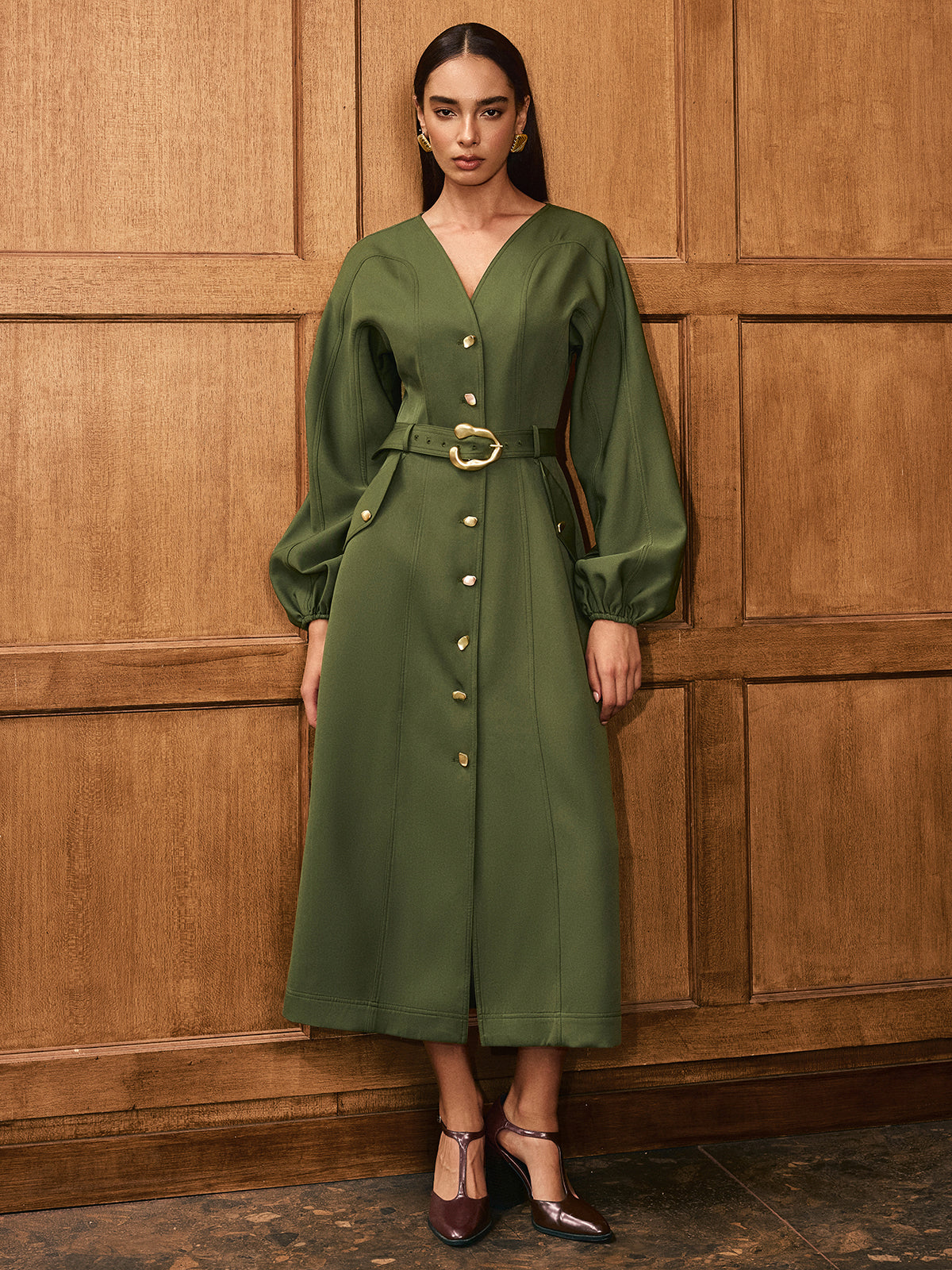 V-Neck Balloon Sleeve Dress with Belt and Buttons