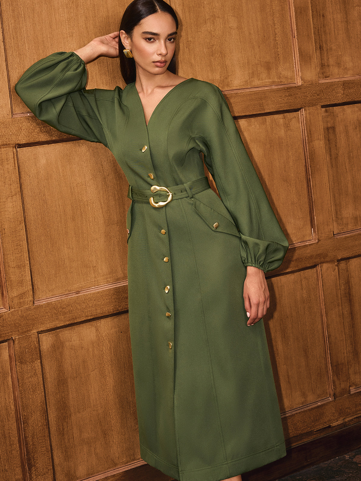 V-Neck Balloon Sleeve Dress with Belt and Buttons
