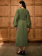 V-Neck Balloon Sleeve Dress with Belt and Buttons