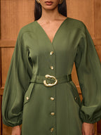 V-Neck Balloon Sleeve Dress with Belt and Buttons