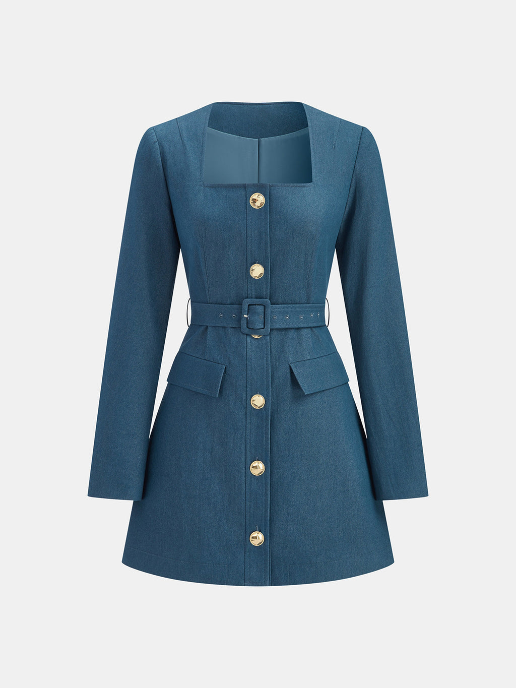 Square-Neck Mini Dress with Belt and Metal Buttons
