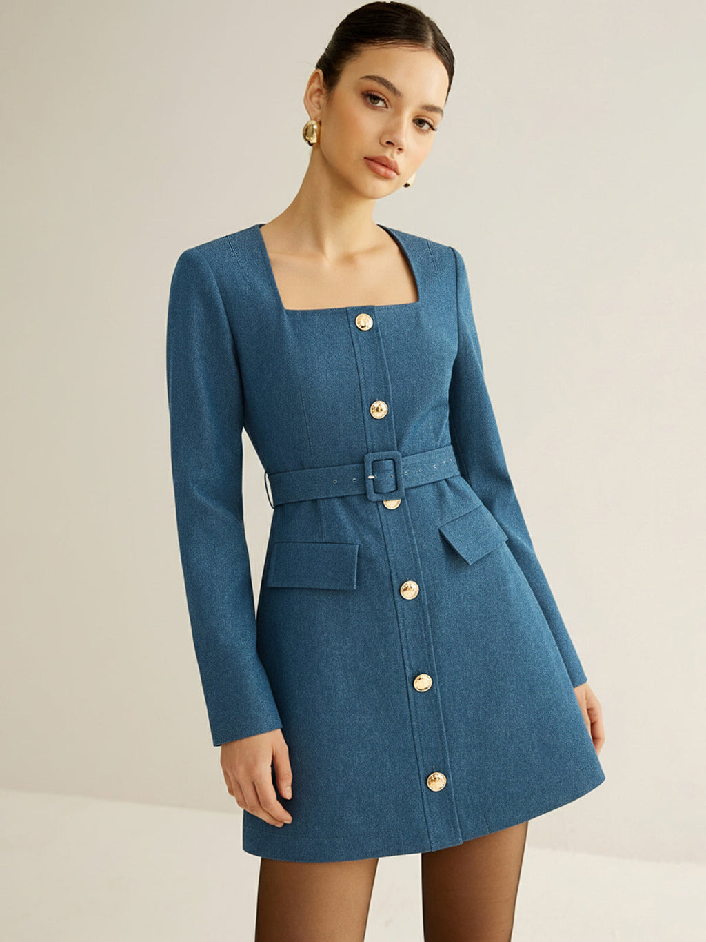 Square-Neck Mini Dress with Belt and Metal Buttons