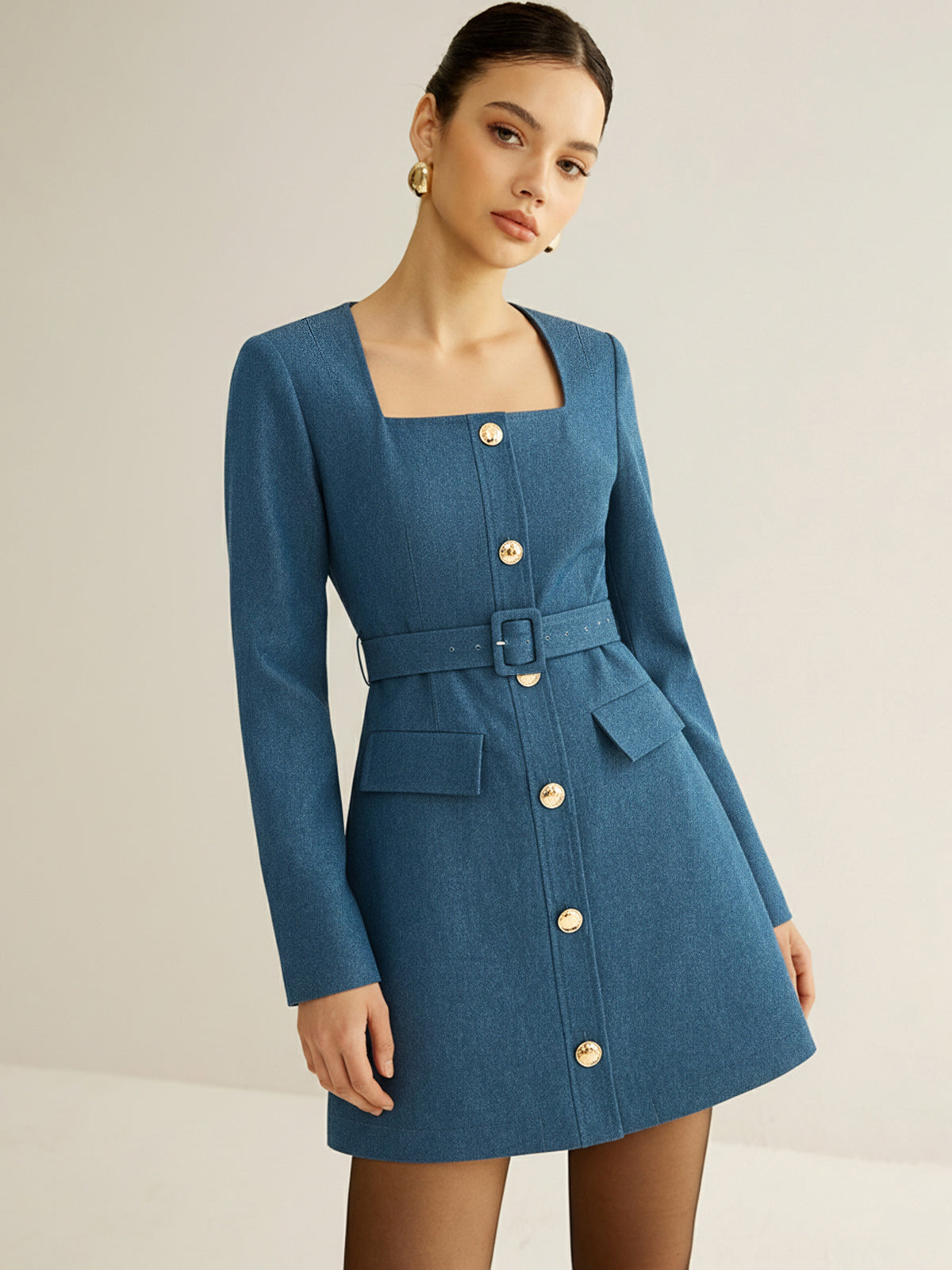 Square-Neck Mini Dress with Belt and Metal Buttons