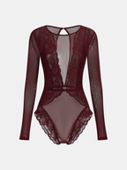 Long Sleeve Sheer Bodysuit with Lace and Mesh
