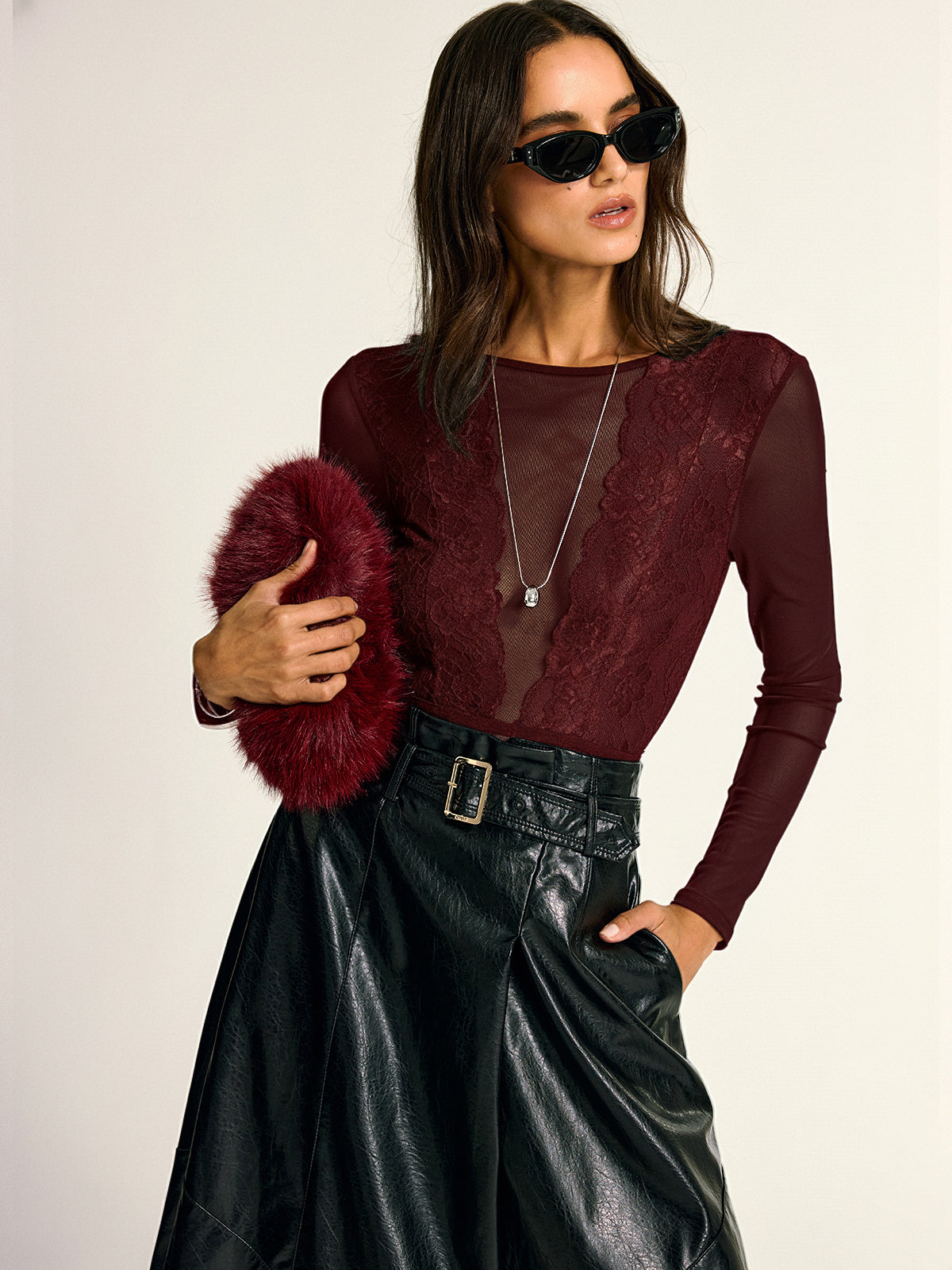 Long Sleeve Sheer Bodysuit with Lace and Mesh